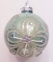 Load image into Gallery viewer, Glass Silver and Pale Aqua Embellished Glass Ball Ornaments