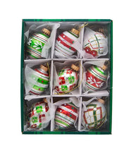 Load image into Gallery viewer, Glass Red & Green Decorated Egg Ornaments - 9 Piece Box