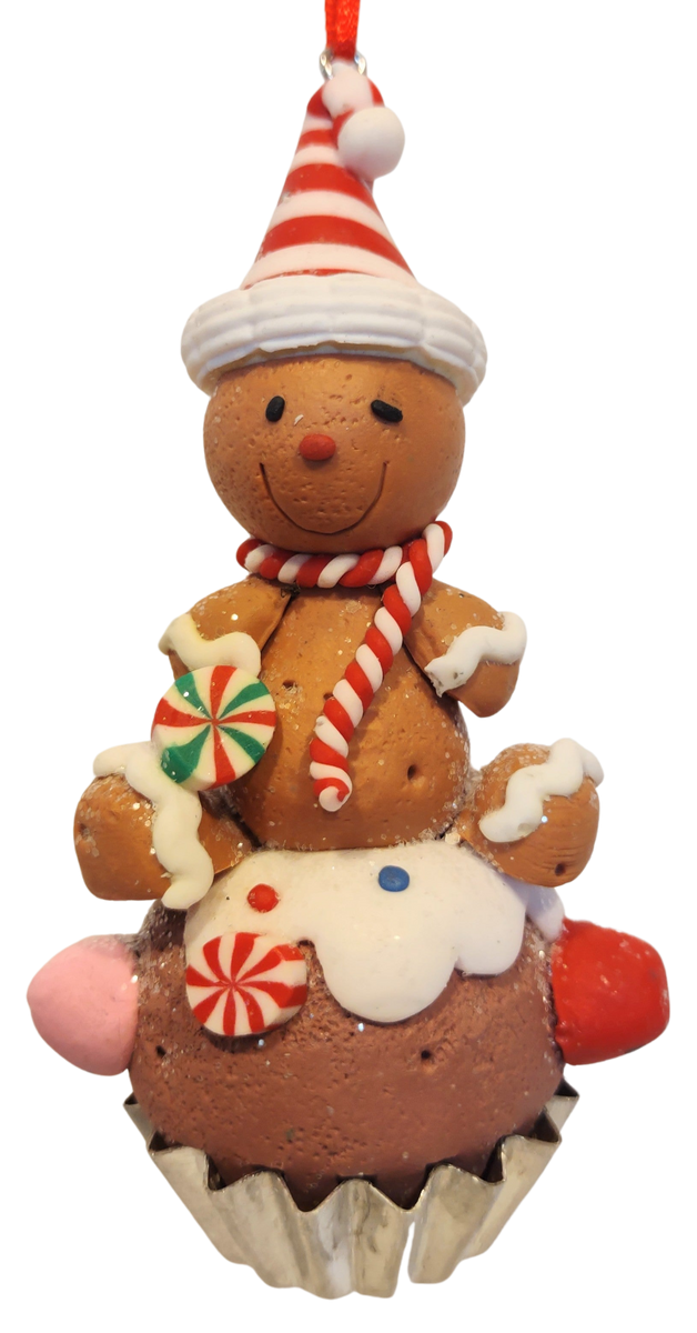 Clay dough Gingerbread Man Sitting on a Cupcake Ornament 3.5" THE