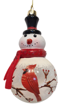 Load image into Gallery viewer, Glass Snowman Ornament with Either Cardinal Or Chickadee Assortment