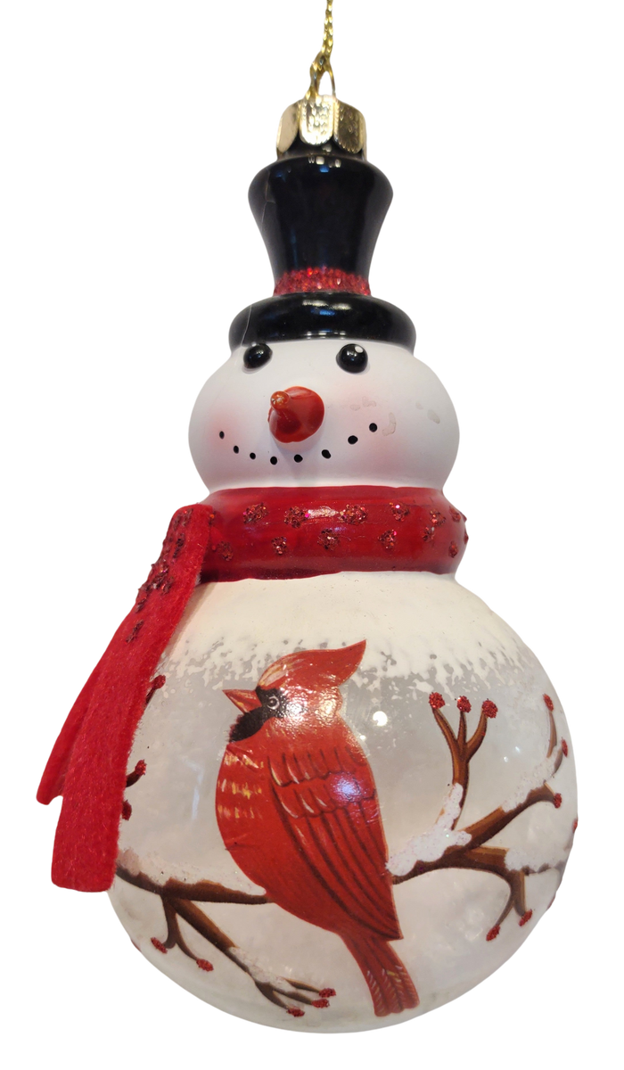 Glass Snowman Ornament with Either Cardinal Or Chickadee Assortment