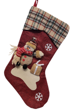 Load image into Gallery viewer, Burlap Christmas Stocking with Snowman, Santa or Reindeer Applique