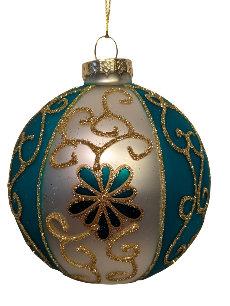 Gold, Dark Teal and White Embellished Glass Ball Ornaments Assortment