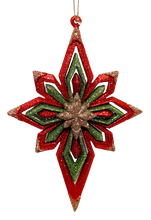Load image into Gallery viewer, Red, Green and Gold Glittered Bethlehem Star Ornament Assortment see
