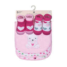 Load image into Gallery viewer, Pink Teddy Bear 5 Piece Bib & Sock Set