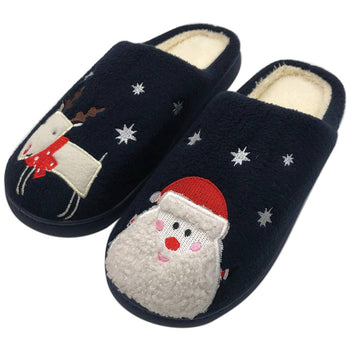 Ladies Navy Christmas Holiday Slippers with Santa & Reindeer - Size Medium