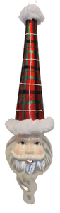 Glass Santa Head Ornament with Tall Red Plaid Hat 10"