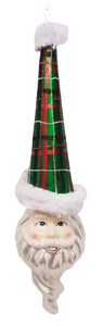 Glass Santa Head Ornament with Tall Green Plaid Hat 10"