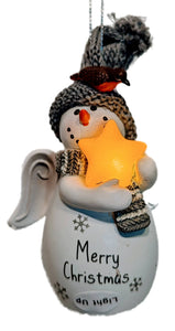 Snowman Angel Ornament Holding Light Up Star - Merry Christmas