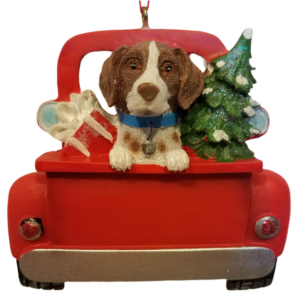 German Shorthaired Pointer Dog in The Back Of Red Pick Up Truck Ornament with Christmas Tree & Presents 3