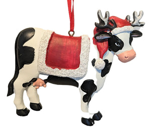 Christmas Cow Ornament with Santa Hat & Red Blanket