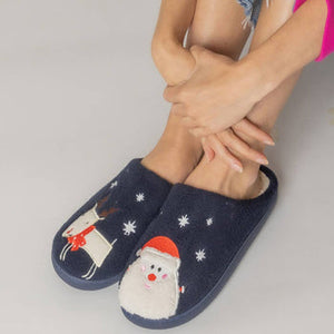 Ladies Navy Christmas Holiday Slippers with Santa & Reindeer - Size Medium