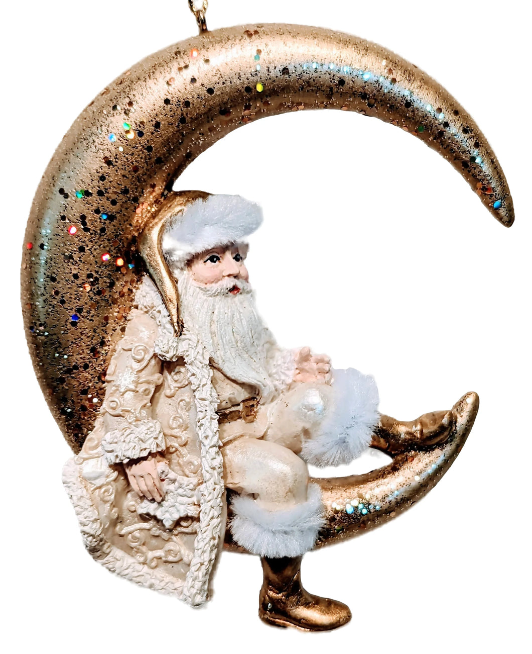 Ivory & Gold Santa Ornament Leaning Back on the Moon