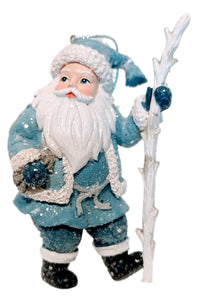 Blue Vintage Santa Ornament Holding Birch Bark Staff& Toy Sack
