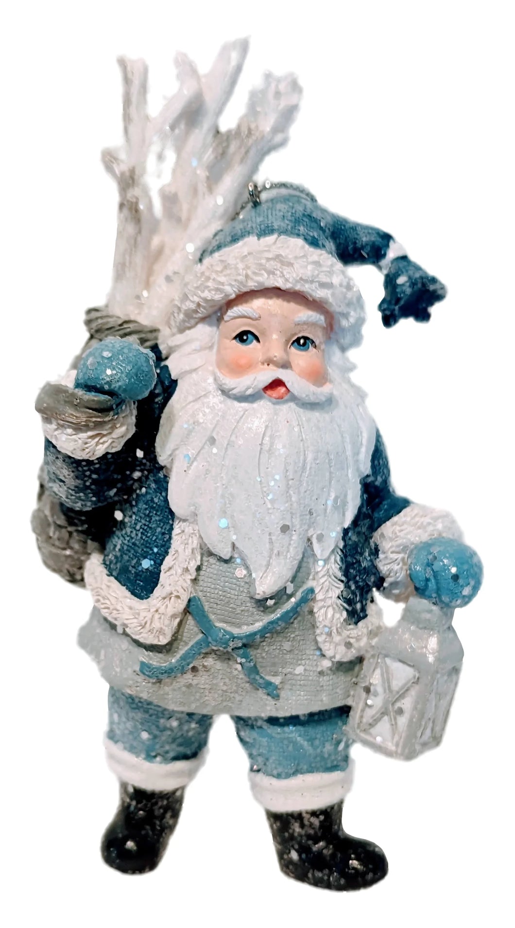 Blue Vintage Santa Ornament Holding a Lantern & has Sack Of Birch Bark