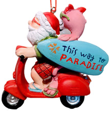 Load image into Gallery viewer, Beach Santa Ornament Riding Red Scooter with Pink Flamingo -This Way to Paradise
