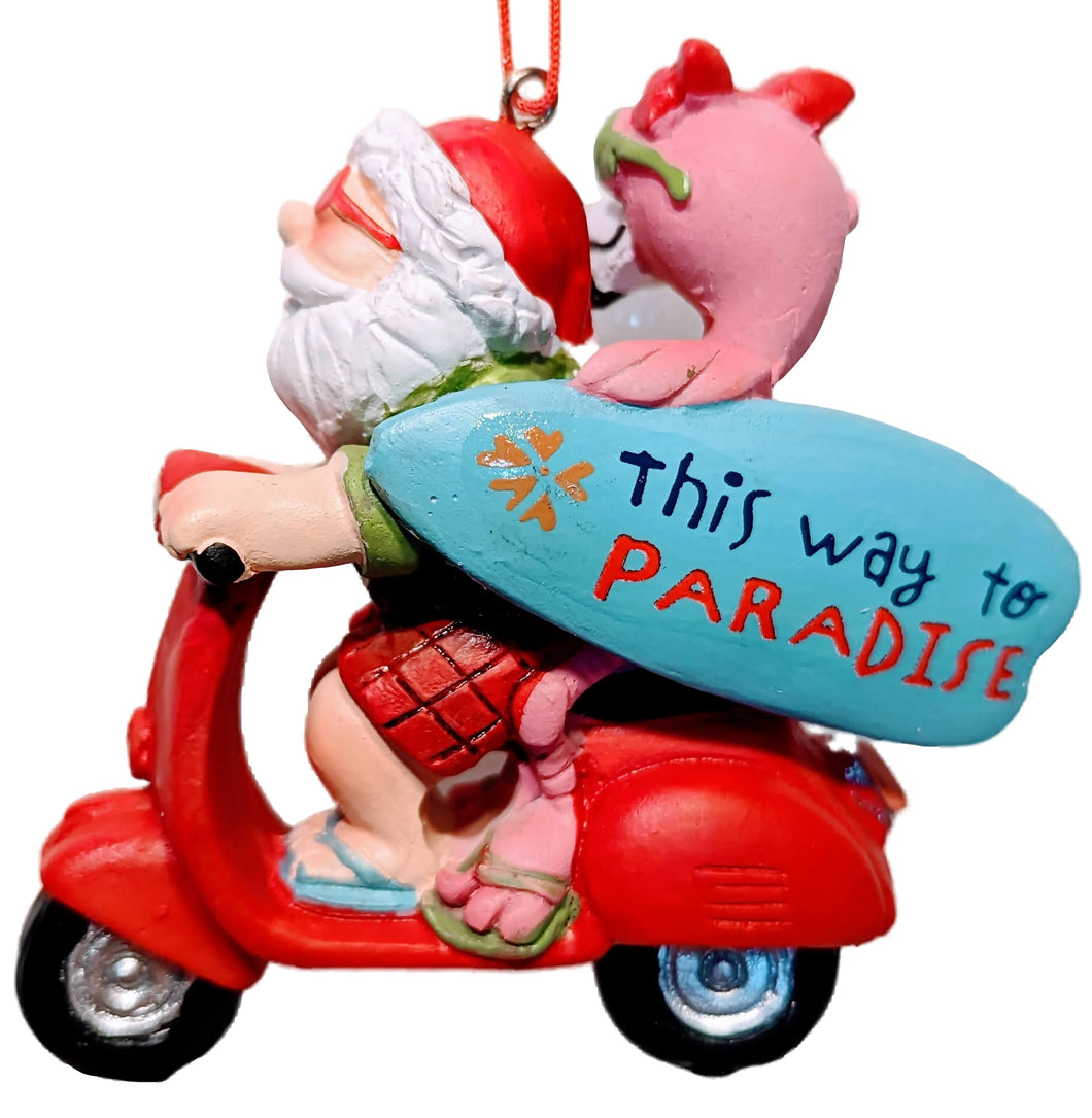 Beach Santa Ornament Riding Red Scooter with Pink Flamingo -This Way to Paradise