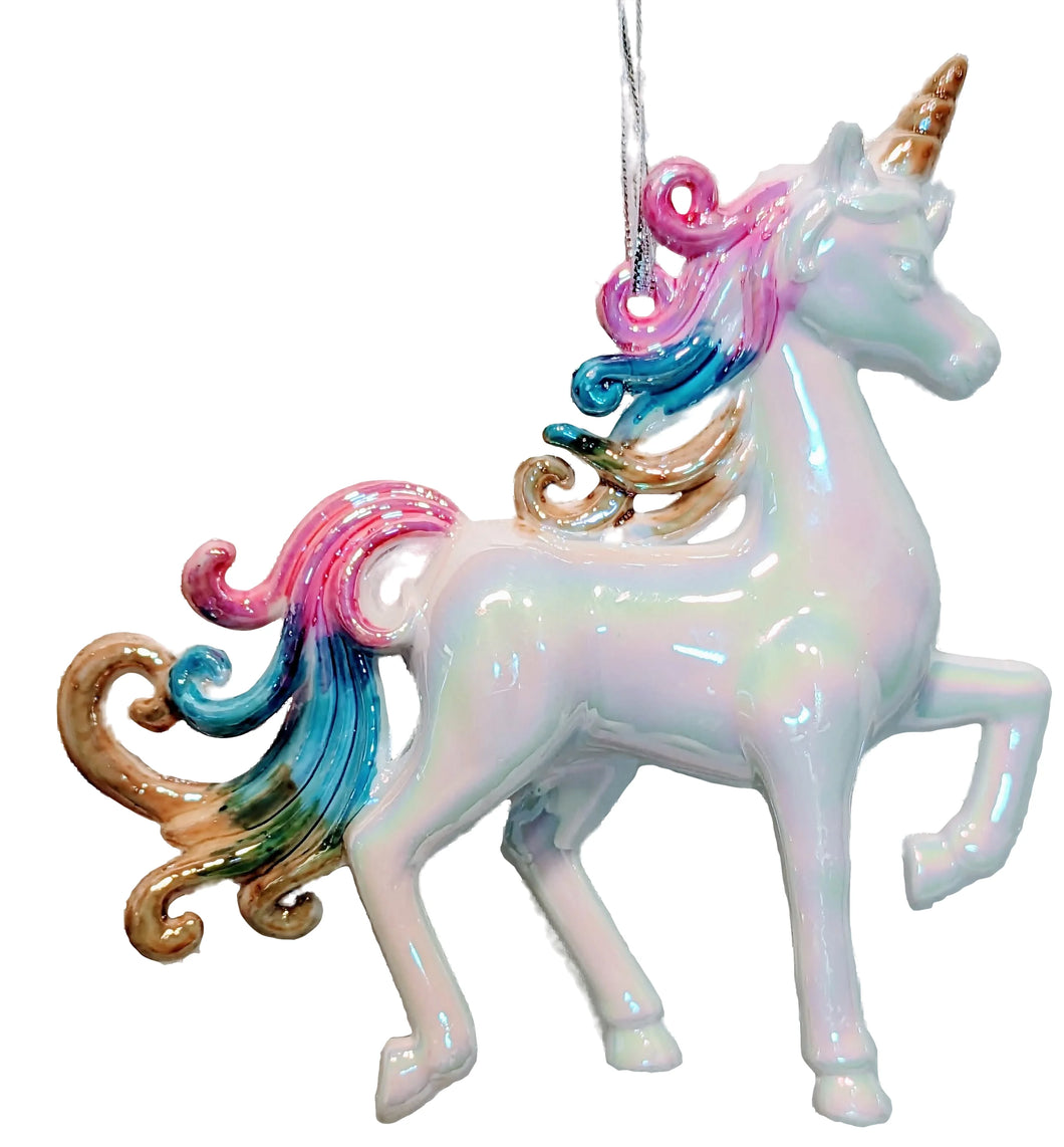 White Iridescent Unicorn Ornament with Gold Horn