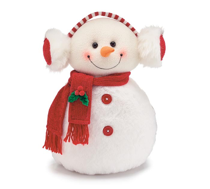 Plush Soft White Fur Snowman with Red Ear Muffs & Scarf