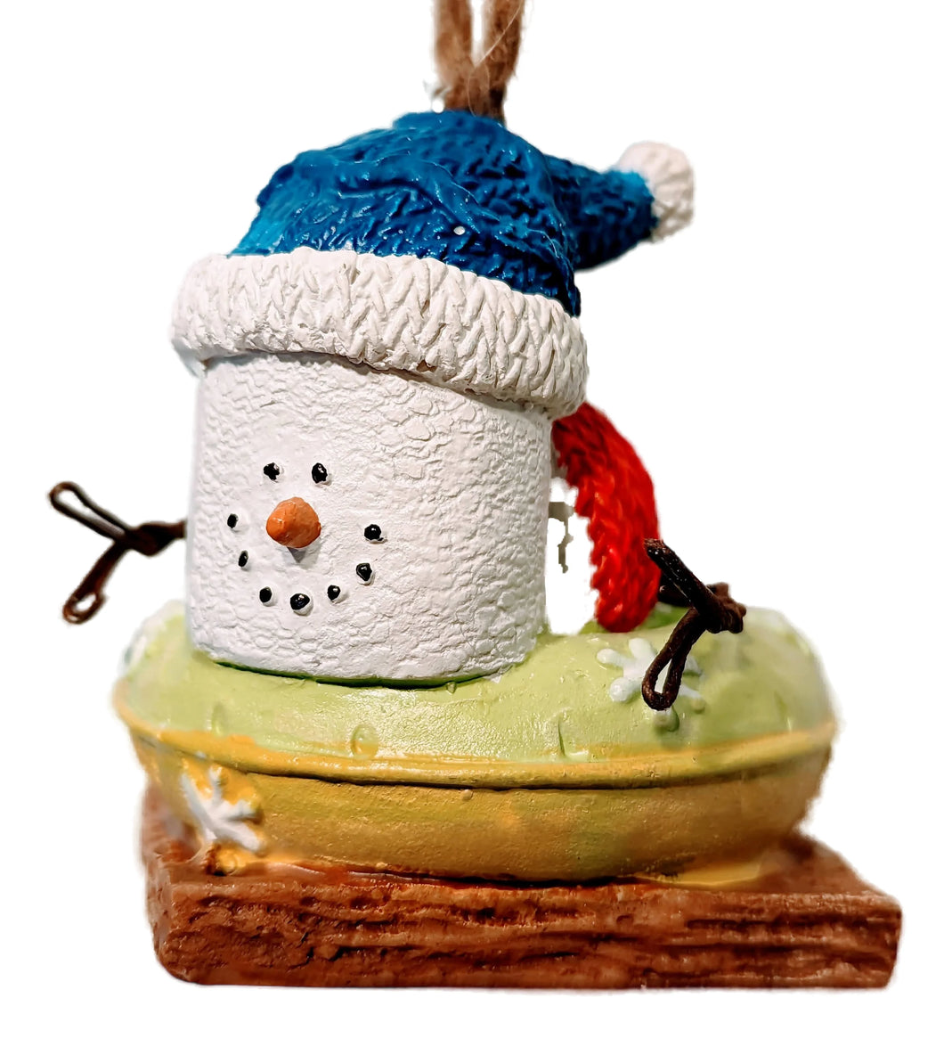 Smore Sledding on a Green Innertube with Blue Hat & Red Scarf