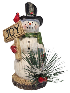 Jolly Snowman Figurine with Black Hat/Joy Sign & Red Cardinal