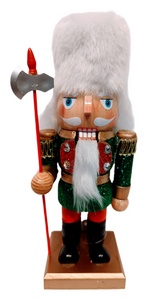 Green/Red/Gold Wooden Short Stack Nutcracker with White Fuzzy Hat & Staff