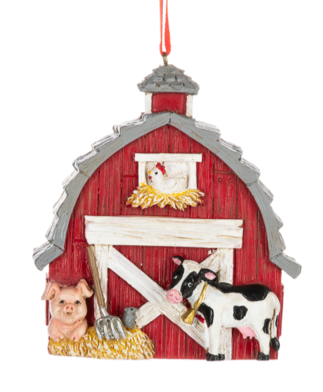 Red Barn Ornament with a Cow, Pig & Chicken