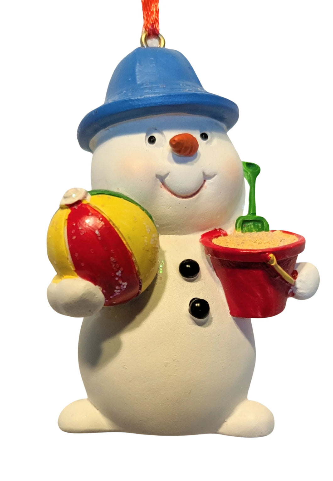 Beach Snowman Ornament Holding Beach Ball & Sand Bucket