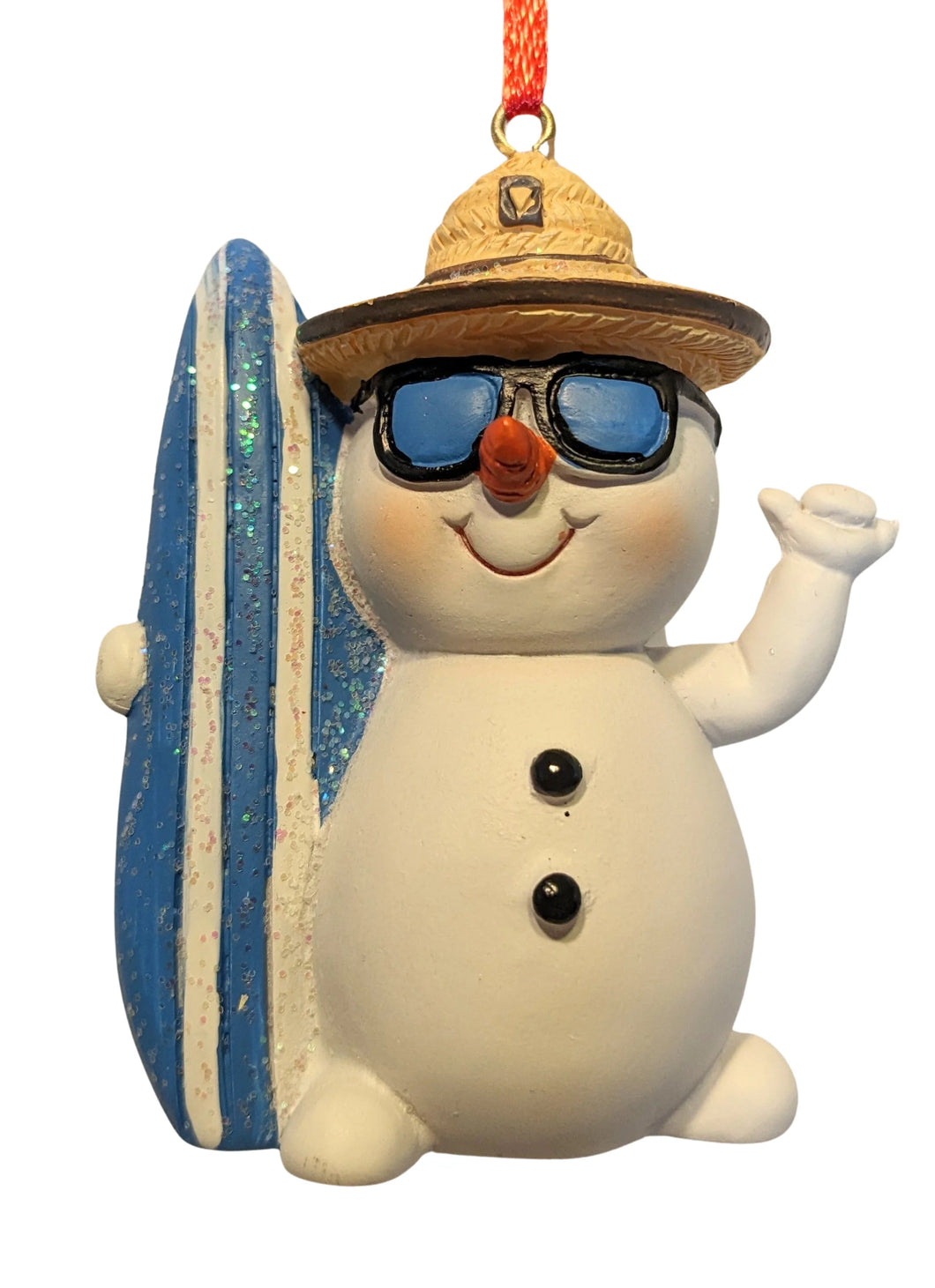 Beach Snowman Ornament Holding Surfboard & Wearing Sunglasses