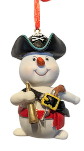 Beach Pirate Snowman Ornament with A Red Belt & Pirate Hat Holding a Pistol