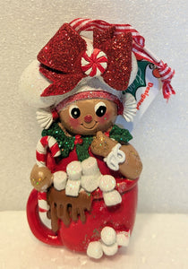 Girl Gingerbread Ornament In a Decorated Christmas Mug with Marshmallows