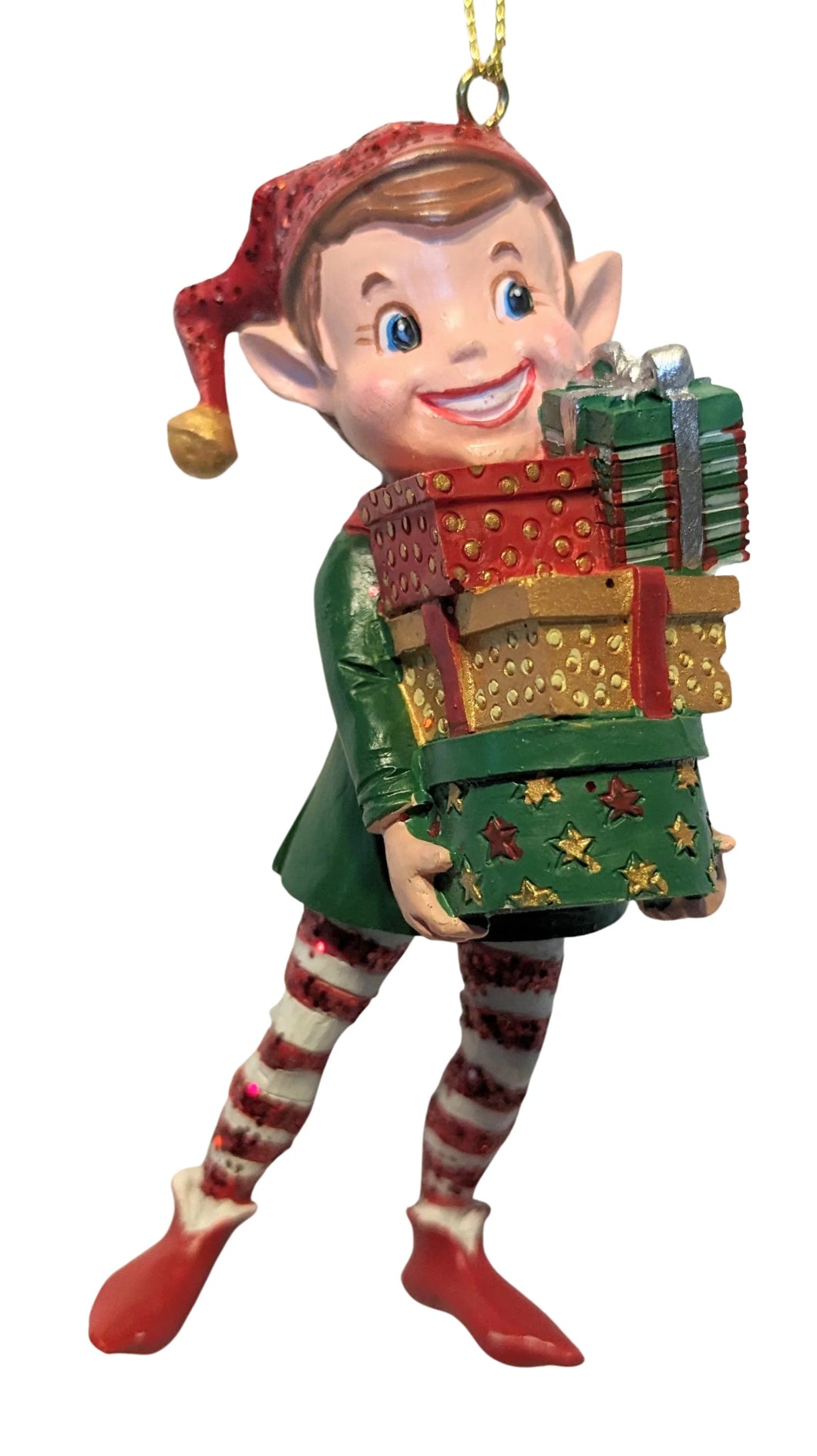 Green and Red Boy Elf Ornament Holding a Stack of Presents
