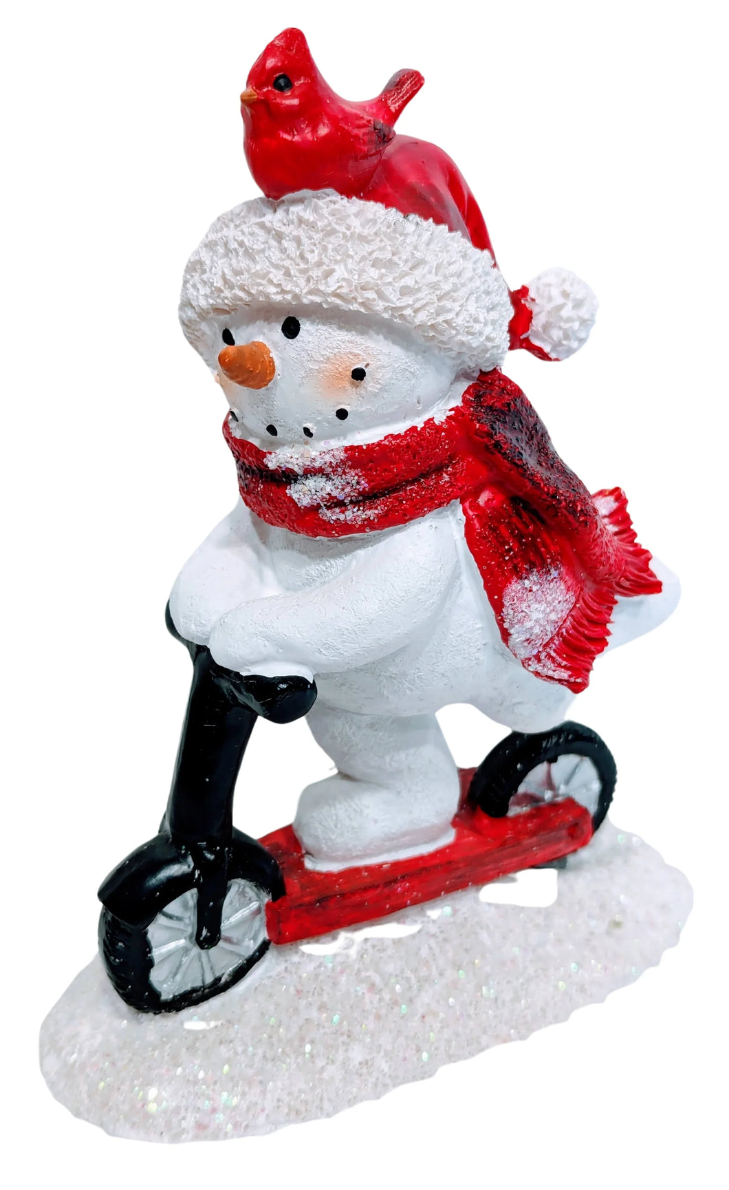 Snowman with Red Hat & Scarf & Cardinal on Hat Riding a Scooter