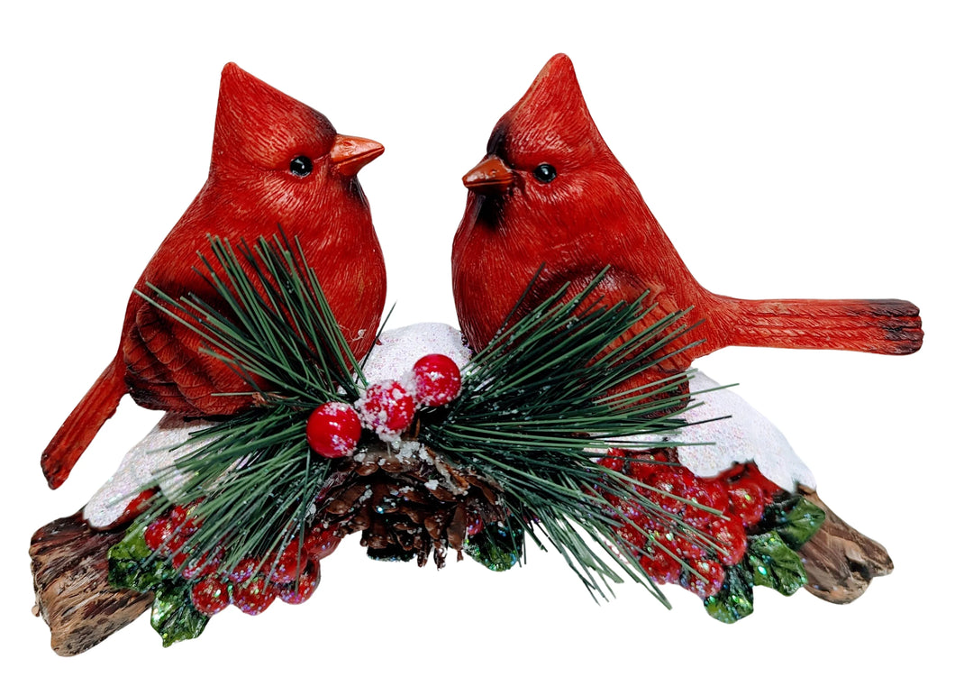 Two Red Cardinals Sitting on Tree Branch with Holly, Pinecones & Berries