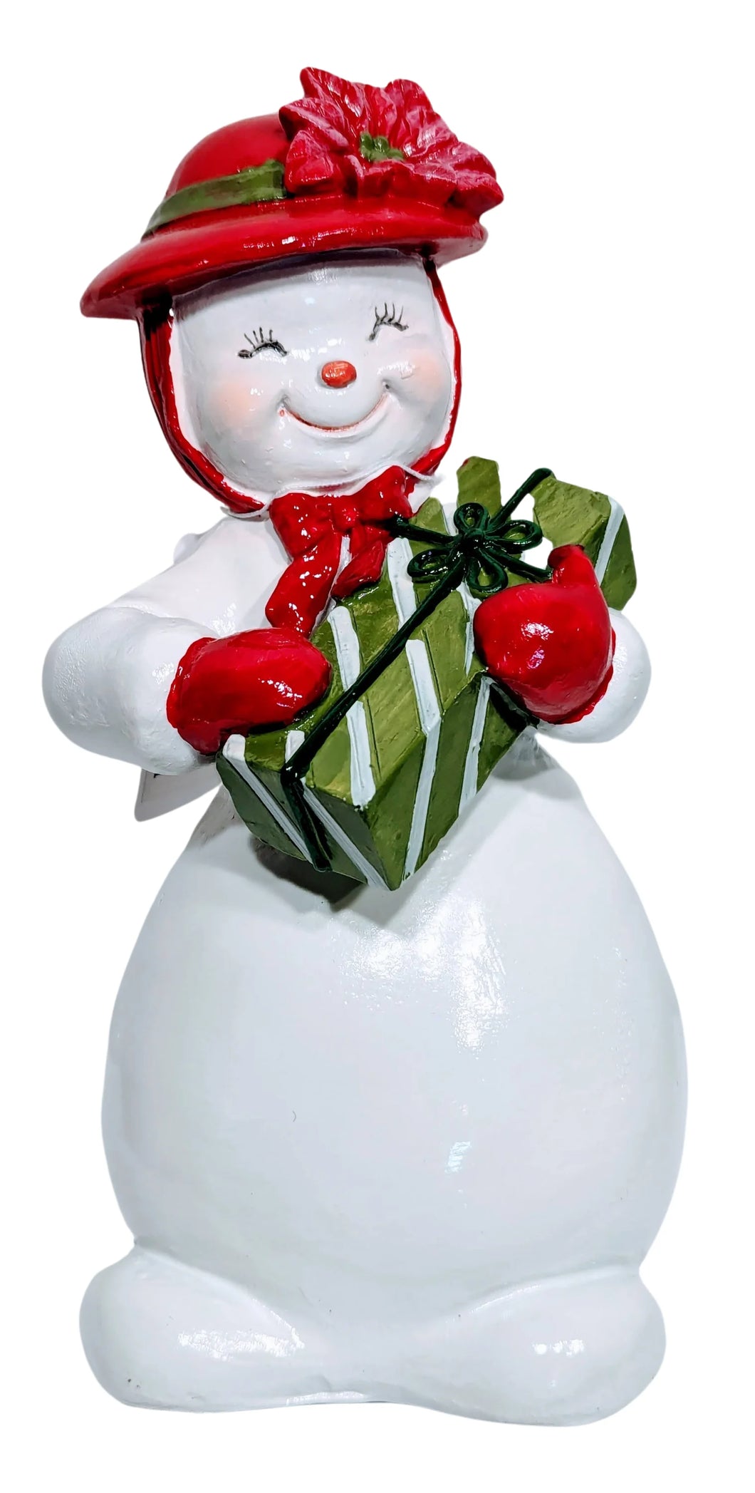 Snowman Figurine Wearing Red Hat & Holding a Christmas Gift