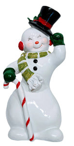 Snowman Figurine Wearing Black Hat & Holding a Candy Cane