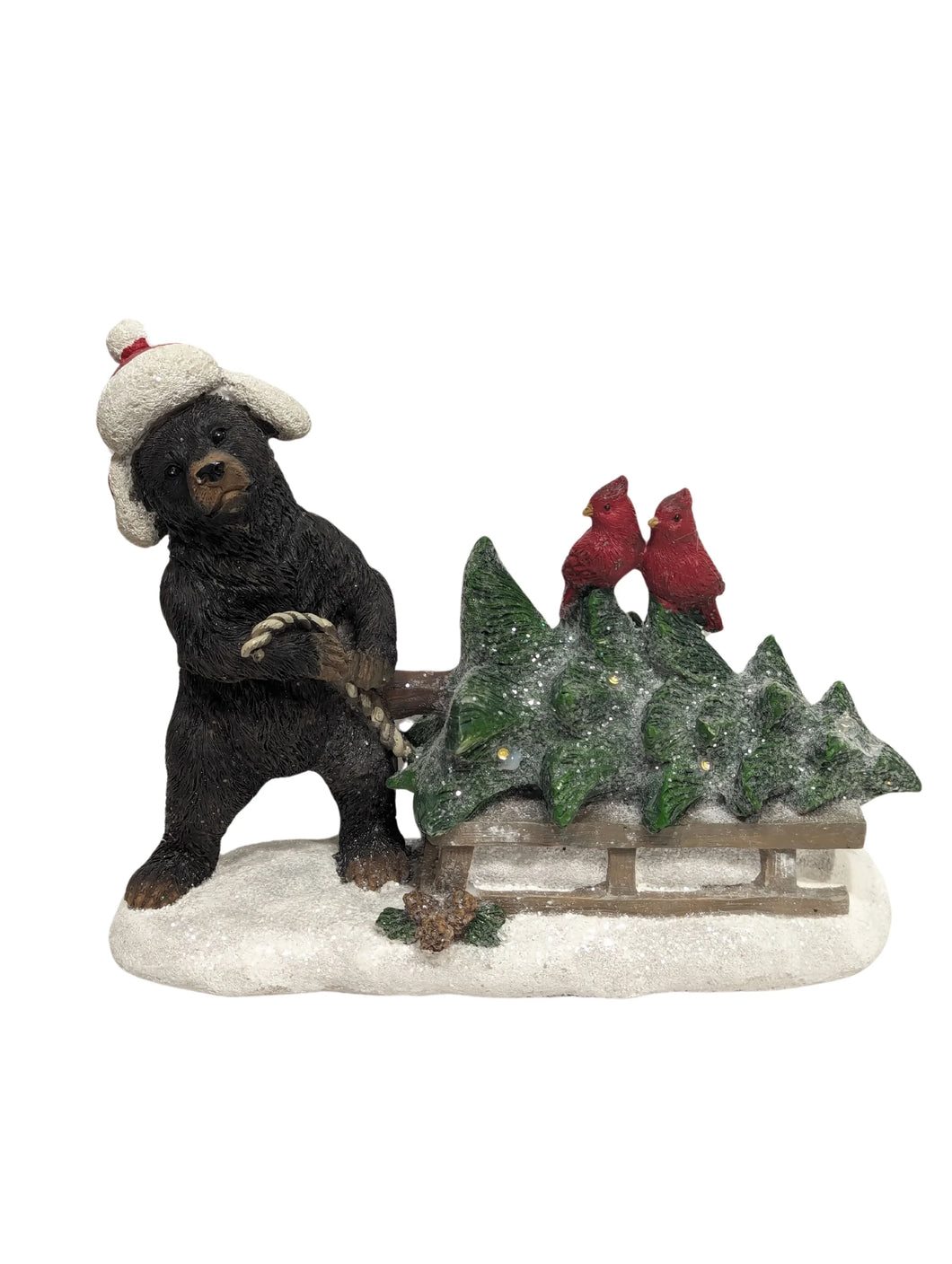 Light Up Christmas Tree Figurine with Bear Pushing a Sleigh