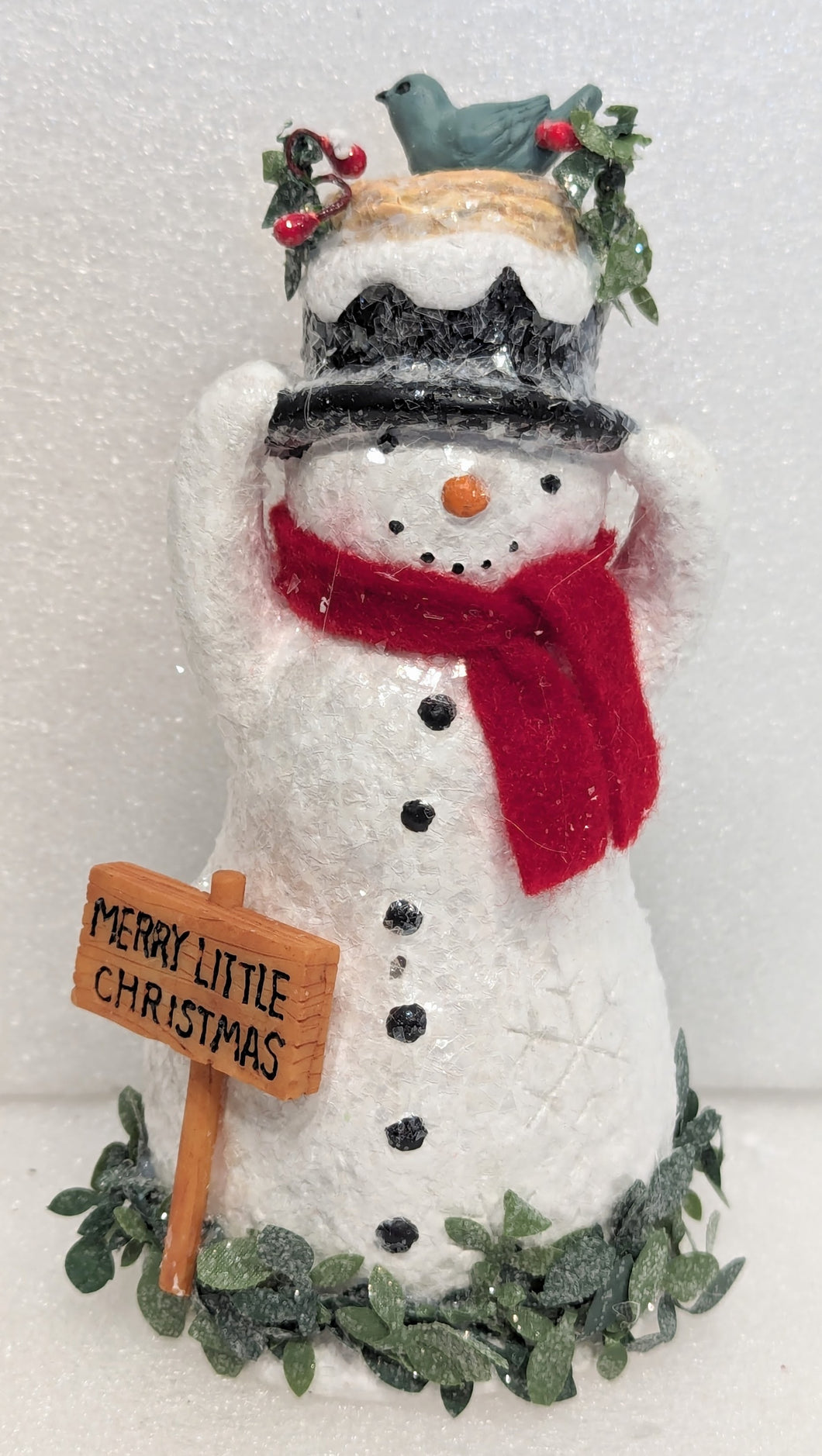 Snowman Figurine Wearing Black Hat with Bird's Nest On Top & Red Scarf