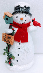 Snowman Figurine Holding Red Cardinal & A Birdhouse -Tis The Season