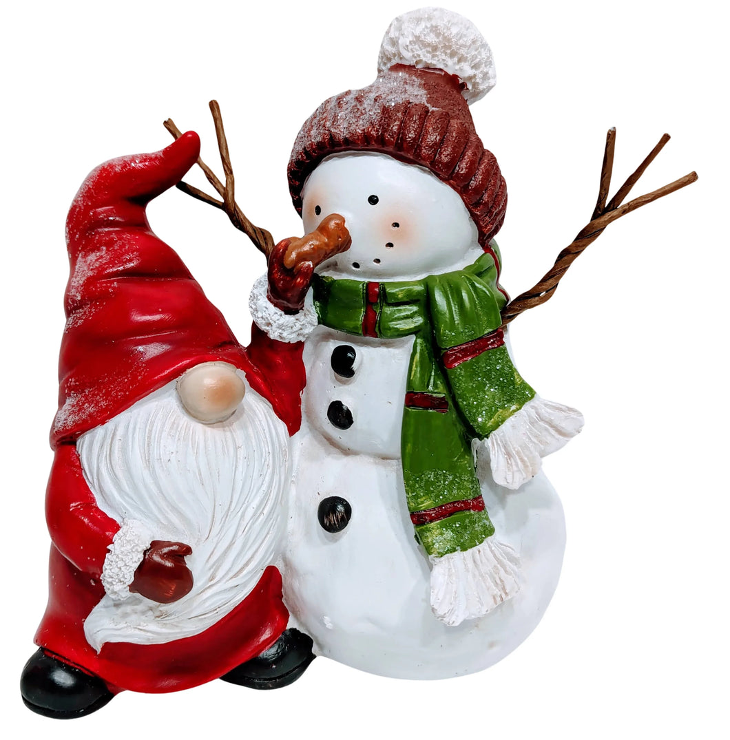 Snowman Figurine with Gnome Pulling on Snowman's Nose