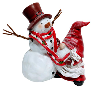 Snowman Figurine with Gnome Holding a Scarf