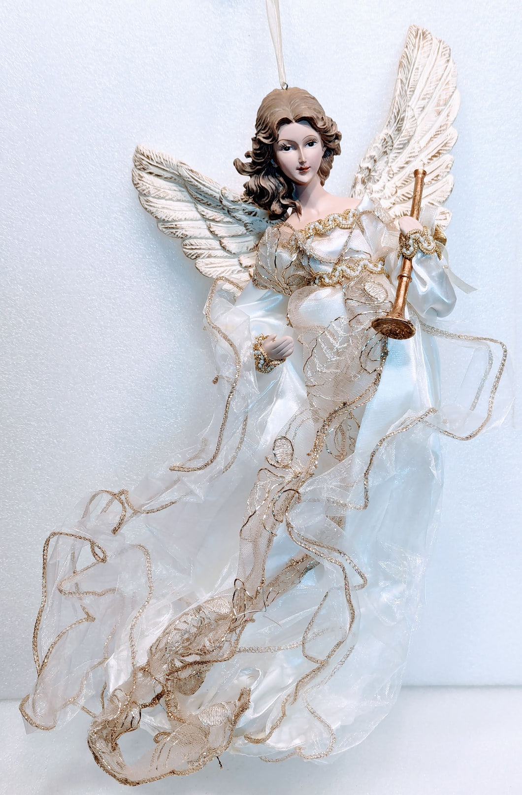 Gold & White Angel Ornament Holding a Gold Horn