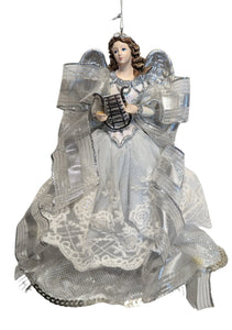 Silver/ White Angel Ornament With Brown Hair Holding a Silver Harp