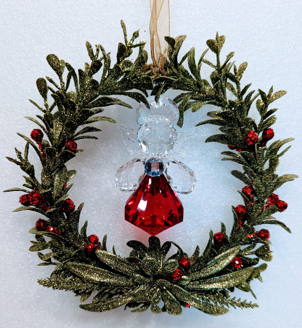 Acrylic Green Wreath with Red Berries & a Clear & Red Angel Ornament