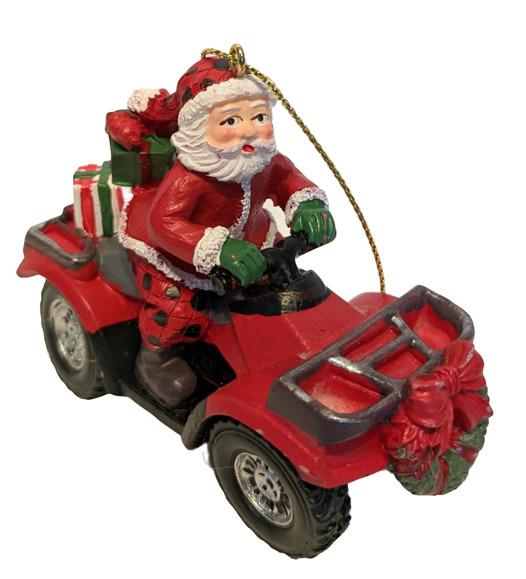 Lodge Santa Ornament Riding an ATV with Christmas Gifts & Christmas Wreath