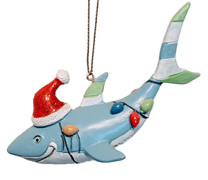 Whimsical Blue Shark Ornament with Red Santa Hat & Christmas Lights