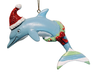 Whimsical Blue Dolphin Ornament with Red Santa Hat & Green Christmas Wreath