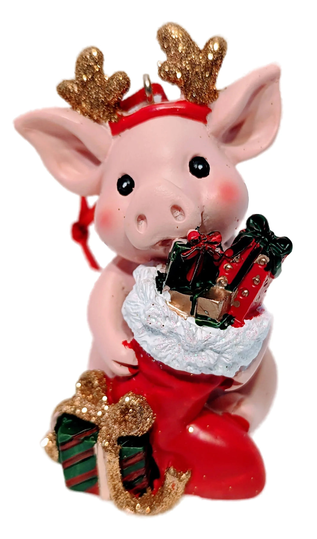 Christmas Pig Ornament Holding Red Stocking with Christmas Gifts