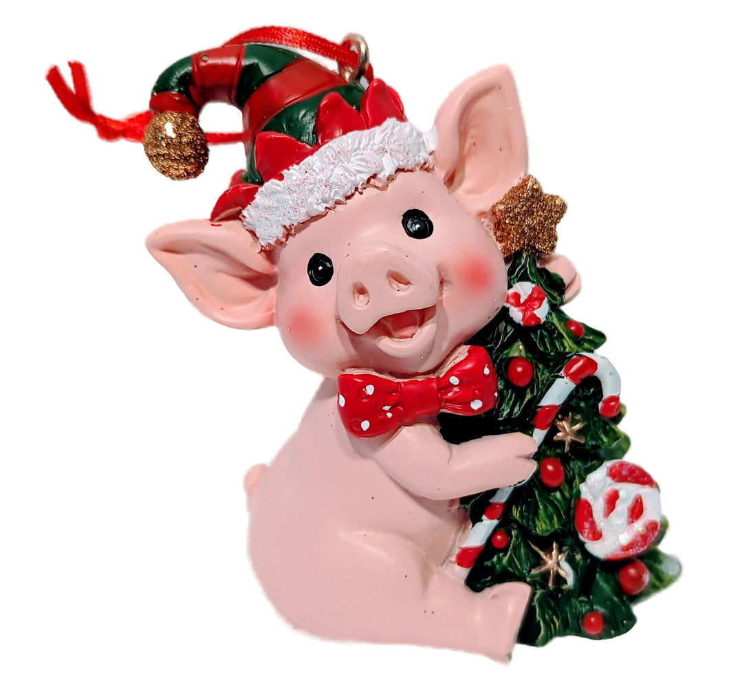 Christmas Pig Ornament Holding Decorated Christmas Tree Wearing Red Elf Hat