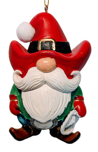 Western Cowboy Gnome Ornament Wearing a Red Cowboy Hat Holding a Rope Lasso